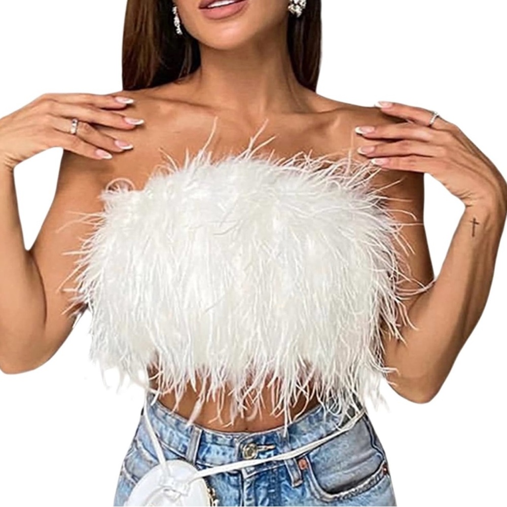 Elegant White Feathered Women's Top